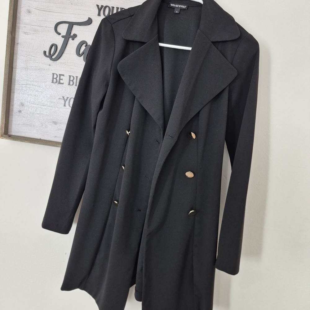 Chic Black Pea Coat with Gold Buttons - Picture 3 of 8